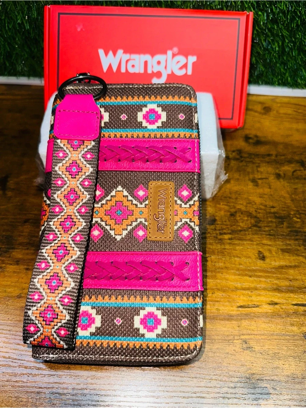 Wrangler Pink and Brown Embroidered Wristlet Wallet with Strap
